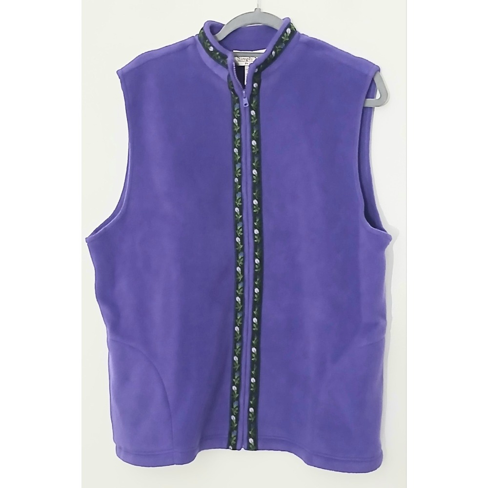 Simply‎ Susan Graver Vest Large Purple Full Zip Fleece Floral Trim Pockets Vtg